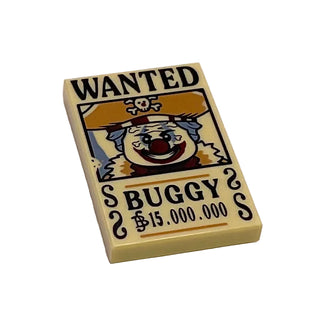 Tile 2 x 3 with Wanted Poster with Black 'WANTED' 'BUGGY' (Berry) '15.000.000' Pattern, Part# 26603pb529 Part LEGO® Tan