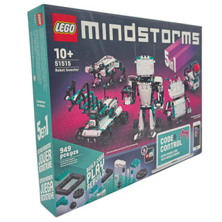 LEGO Mindstorms Robot Inventor set 51515 box showing five buildable robot configurations and code control interface.
