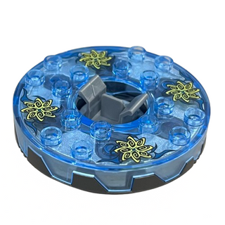 Ninjago Spinner Turntable 6 x 6 x 1 1/3 Round Base Serrated with Trans-Medium Blue Top with Spiral Stars Pattern, Part# 98318c17pb01 Part LEGO® Pearl Dark Gray with Black Plate Round Bottom Very Good