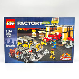 LEGO Factory set 10200 box showing garage building with yellow and red vehicles, minifigures, and assembly station.