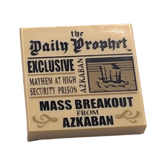 Tile 2x2 with Newspaper 'the Daily Prophet', 'EXCLUSIVE', 'MAYHEM AT HIGH SECURITY PRISON', and 'MASS BREAKOUT FROM AZKABAN' Pattern, Part# 3068pb1294 Part LEGO® Tan
