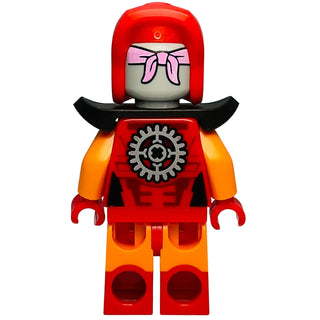LEGO minifigure with red helmet, pink bow marking, black shoulder pieces, red torso with gear design, and orange-red legs.