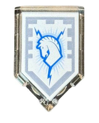 Tile, Modified 2 x 3 Pentagonal with Nexo Power Shield Pattern - Thunder Blaze, Part# 22385pb075