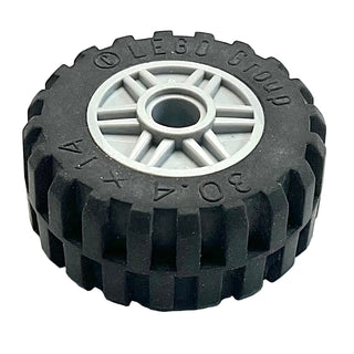 Wheel 18mm D. x 14mm with Pin Hole, Fake Bolts and Shallow Spokes with Black Tire 30.4 x 14 Offset Tread - Band Around Center of Tread (55981 / 92402), Part# 55981c05 Part LEGO® Light Bluish Gray