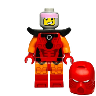 LEGO minifigure with yellow smiling head, pink headband, red and orange Bionicle-themed armor, black wings, and red helmet ac