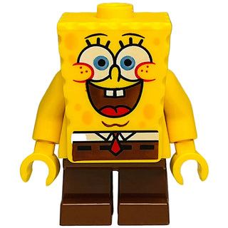 Yellow LEGO minifigure with square head, blue eyes, black eyebrows, wide grin, red cheeks, and brown pants.