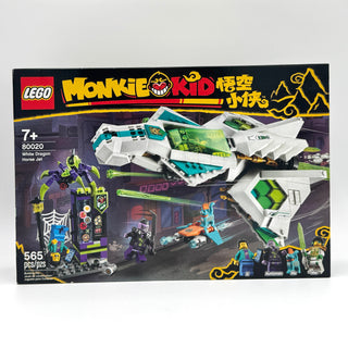 LEGO Monkie Kid set 80020 box showing white and teal dragon jet with minifigures and building scene.