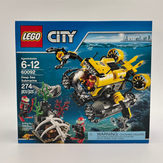 LEGO City Deep Sea Submarine set 60092 box showing yellow submarine, diver minifigures, and underwater scenery.