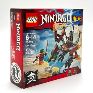LEGO NINJAGO Cole's Dragon set 70599 box showing red dragon figure and ninja minifigure on beach background.