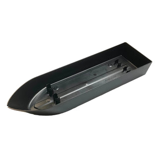 Black plastic boat hull with rounded bow and interior structural supports, shown from above at an angle.