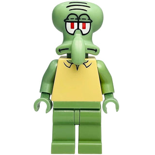 Green LEGO minifigure with elongated head, glasses with red pupils, long nose, yellow shirt, and green pants.