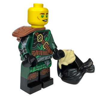LEGO minifigure with yellow head, green and brown samurai-style torso, black arms and legs, brown shoulder cape, and black cu