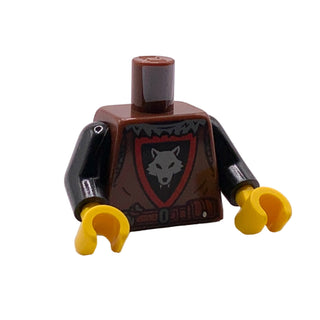 Torso Castle Wolfpack with Black and Red Shield, Light Bluish Gray Wolf, Dark Bluish Gray Collar and Dark Red Belt with Pouches Pattern / Black Arms / Yellow Hands, Part# 973pb5568c01 Part LEGO® Reddish Brown