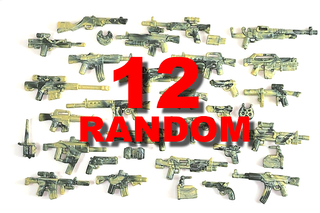 Twelve camouflage-colored minifigure weapons including rifles, pistols, and grenades.