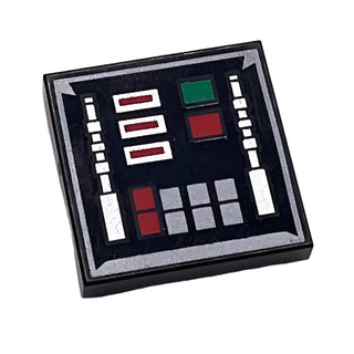Tile 2x2 with SW Darth Vader Control Panel with Dark Silver Outline and Silver, Green, and Red Buttons Pattern, Part# 3068pb2279 Part LEGO® Black