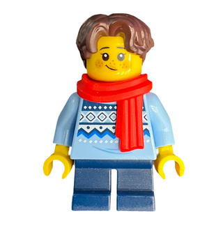 Child - Girl, Bright Light Blue Knit Fair Isle Sweater, Dark Blue Short Legs, Dark Brown Hair, Freckles, Red Scarf, hol327 Minifigure LEGO®