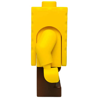 Yellow LEGO minifigure with rounded head, square body, and brown legs.
