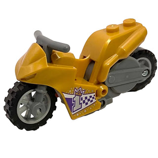Stuntz Flywheel Motorcycle Sport Bike Tapered Front with Dark Bluish Gray Frame, Light Bluish Gray Wheels, and Dark Bluish Gray Handlebars with Silver Number 1 with Gold Crown on Dark Purple and White Checkered Pattern, Part# 75533pb03c01