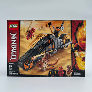 LEGO Ninjago Cole's Dirt Bike set box showing black and orange motorcycle with minifigures on desert background.