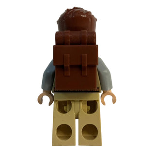 LEGO minifigure with brown hair, gray shirt, brown torso piece, tan legs with circular cutouts, and tan hands.