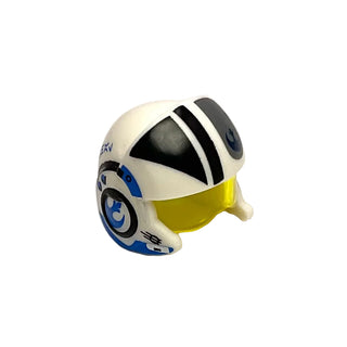 Minifigure, Headgear Helmet SW Rebel Pilot Raised Front and Microphone with Trans-Yellow Visor with Black/Yellow Stripes and Black Rebel Alliance Symbol Pattern, Part# 21566c01pb04 Part LEGO® White Very Good