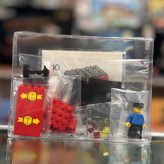 LEGO Classic Town Cargo set 6624 in clear plastic case containing red cargo pieces, minifigure, and instruction manual.