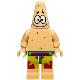 Patrick Star LEGO minifigure with tan cone-shaped head, printed face, tan body with red spots, and lime green shorts with pur