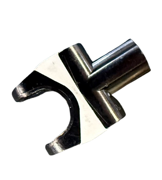 Black and light gray plastic connector with ball joint socket on left and two perpendicular axle sockets on right.