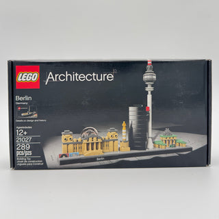 LEGO Architecture Berlin set 21027 box showing yellow building, TV tower, and green structure on display base.