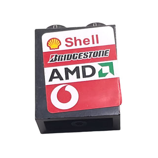 Panel 1 x 2 x 2 - Hollow Studs with Shell, Bridgestone, AMD and Vodafone Logo on Left Pattern (Sticker), Part# 4864bpb030L Part LEGO® Black Very Good