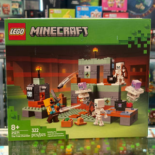 LEGO Minecraft set box showing pixelated stone chamber with minifigures, skeletal mobs, torches, and building elements on gre