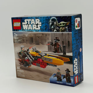 LEGO Star Wars set 75437 box featuring yellow and red speeder with two minifigures on desert background.