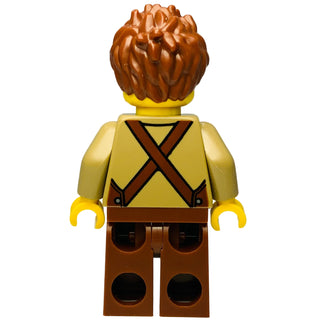 LEGO Ninjago minifigure with brown wavy hair, yellow head, yellow torso with brown X-strap pattern, and brown pants with circ