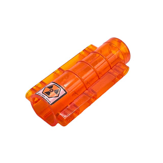Cylinder 9 x 4 x 2 Tapered with Flat Bottom, Pin Holes with 'HIGH RISK AREA' Symbol Pattern (Sticker), Part# 58947pb02 Part LEGO® Trans-Orange Very Good