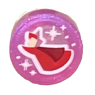 Tile, Round 1 x 1 with Fairy Godmother Flora, White Dots and Sparkles Pattern, Part# 98138pb418