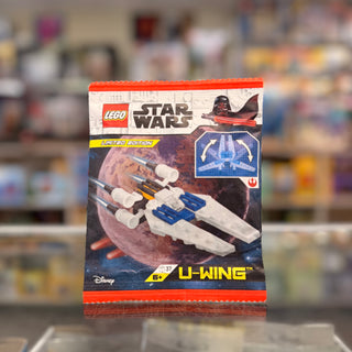 LEGO Star Wars U-Wing minifigure set in paper bag packaging with orange trim and blue spacecraft design.