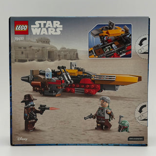 LEGO Star Wars set 75437 featuring orange and red speeder with three minifigures on desert background.