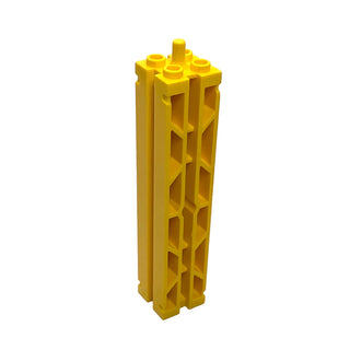 Yellow plastic support column with lattice pattern on two sides, grooves along edges, and connector pegs on top.