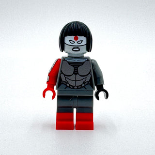 LEGO minifigure with black bob hair, white face with red dot, black armor torso, red left arm, and red and black legs.