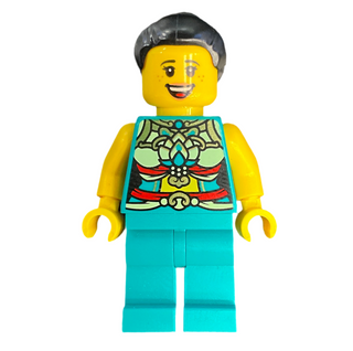 Lunar New Year Parade Participant - Musician, Female, Ornate Dark Turquoise Costume, Black Bun, Large Smile, hol313 Minifigure LEGO®