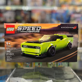 LEGO Speed Champions set 77237 box displaying neon green Dodge Challenger SRT Hellcat model with black stripe and details.