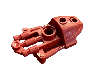 Red plastic Bionicle Toa Inika thigh armor piece with circular connector ports and articulated segments.