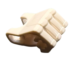 Tan plastic fist with four fingers and axle hole on palm, Hero Factory construction piece.