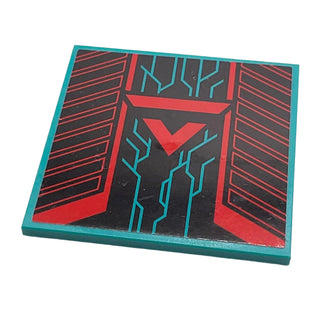 Tile 6x6 with Bottom Tubes with Red and Black Triangle, Geometric Shapes and Dark Turquoise Angled Lines Pattern (Sticker), Part# 10202pb013 Part LEGO® Dark Turquoise Very Good