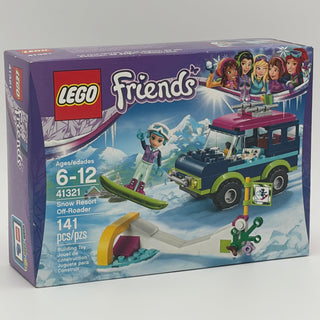 LEGO Friends set 41321 box showing snow resort vehicle with yellow wheels, skier minifigure, and winter mountain scene.