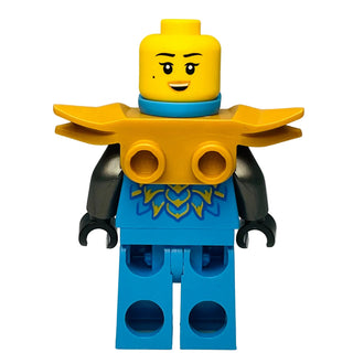 LEGO Ninjago Nya minifigure with pearl gold shoulder armor, yellow head, blue torso with gold dragon design, and black arms.