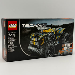 LEGO Technic Quad Bike set 42034 box showing yellow and black buildable quad bike model with pull-back motor feature.