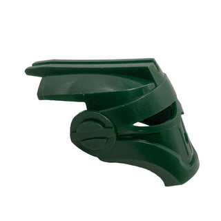 Dark green Bionicle mask with angular design, curved visor opening, and circular mechanical detail on side.