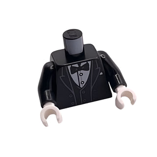 Torso Tuxedo Jacket Open with Dark Bluish Gray Outlined Lapels over Vest and Shirt with Buttons, Bow Tie, Pocket Square Pattern / Black Arms / White Hands, Part# 973pb5311c01 Part LEGO® Black