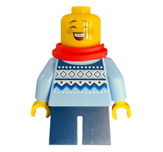 Child - Girl, Bright Light Blue Knit Fair Isle Sweater, Dark Blue Short Legs, Dark Brown Hair, Freckles, Red Scarf, hol327 Minifigure LEGO®